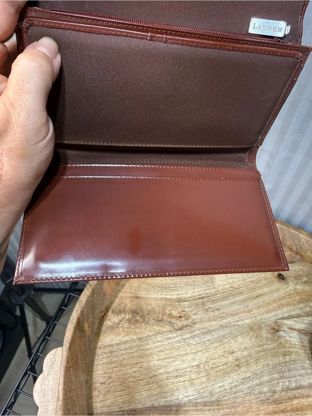 Brown Organizer Wallet Lauren Ralph Lauren Glossy Checkbook Clutch